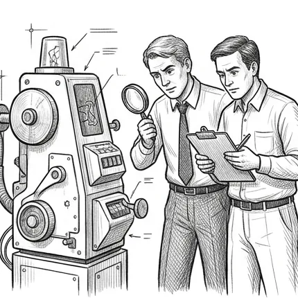Pencil illustration of two Task Force 38 engineers closely examining an unusual, complicated machine with an odd combination of parts — one leaning in with a magnifying glass, the other taking notes on a clipboard.