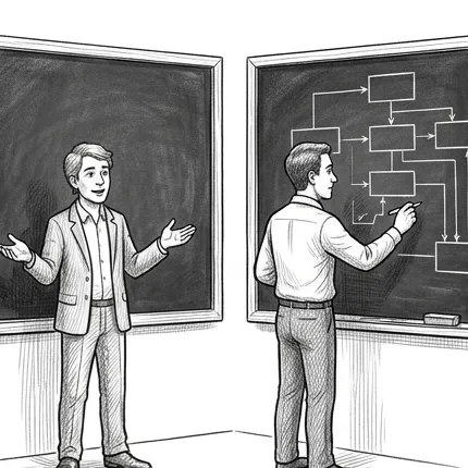 Pencil illustration: a client speaks casually in front of an empty blackboard while a Task Force 38 engineer listens and sketches their words onto a second board as a precise technical architecture diagram.