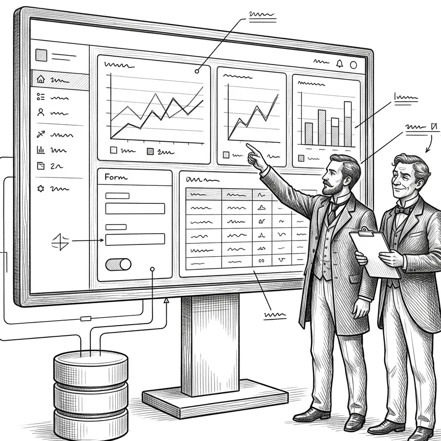 Pencil illustration of two engineers in Victorian dress beside a large framed web dashboard on a stand, showing line charts, bar charts, a data table, and a form, wired down to a database.
