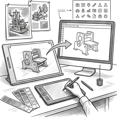 Pencil illustration of a graphic artist at a desk: a hand-drawn machine being carried into a monitor as clean vector outlines, with a drawing tablet, pinned engravings, and a grid of small icons.