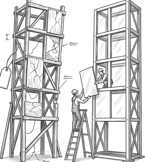 Pencil illustration of a cracked, propped-up wooden scaffold structure beside a clean steel-and-glass frame, with two workers on a ladder carefully moving a panel from the old structure to the new.